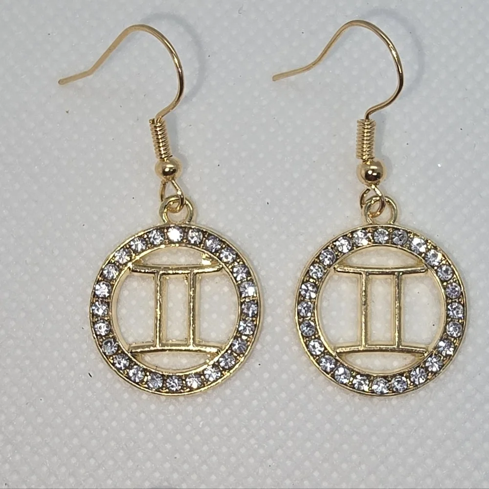 Zodiac Sign Hook Earrings! Hypo-Allergenic Handmade Gold Color with Cubic Zircon